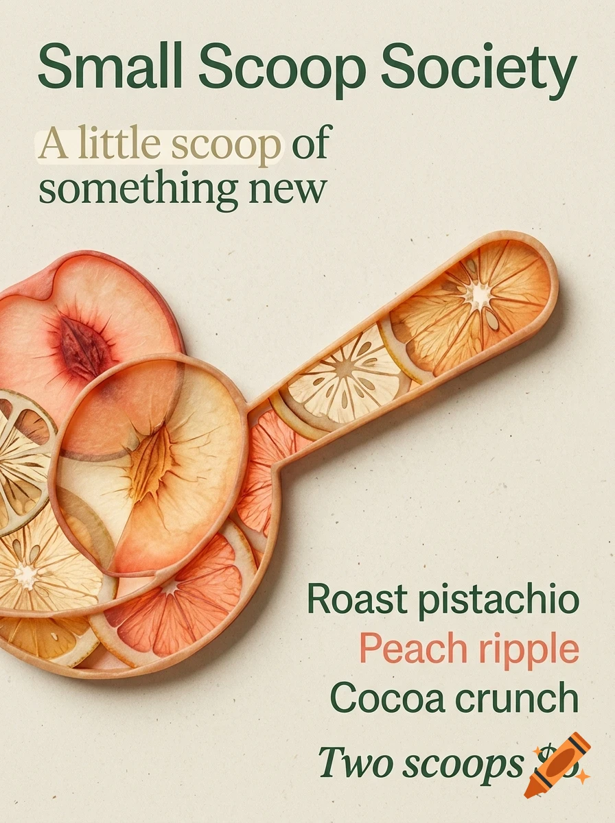 An ice cream scoop illustration filled with dried fruit slices, accompanied by promotional text for Small Scoop Society.