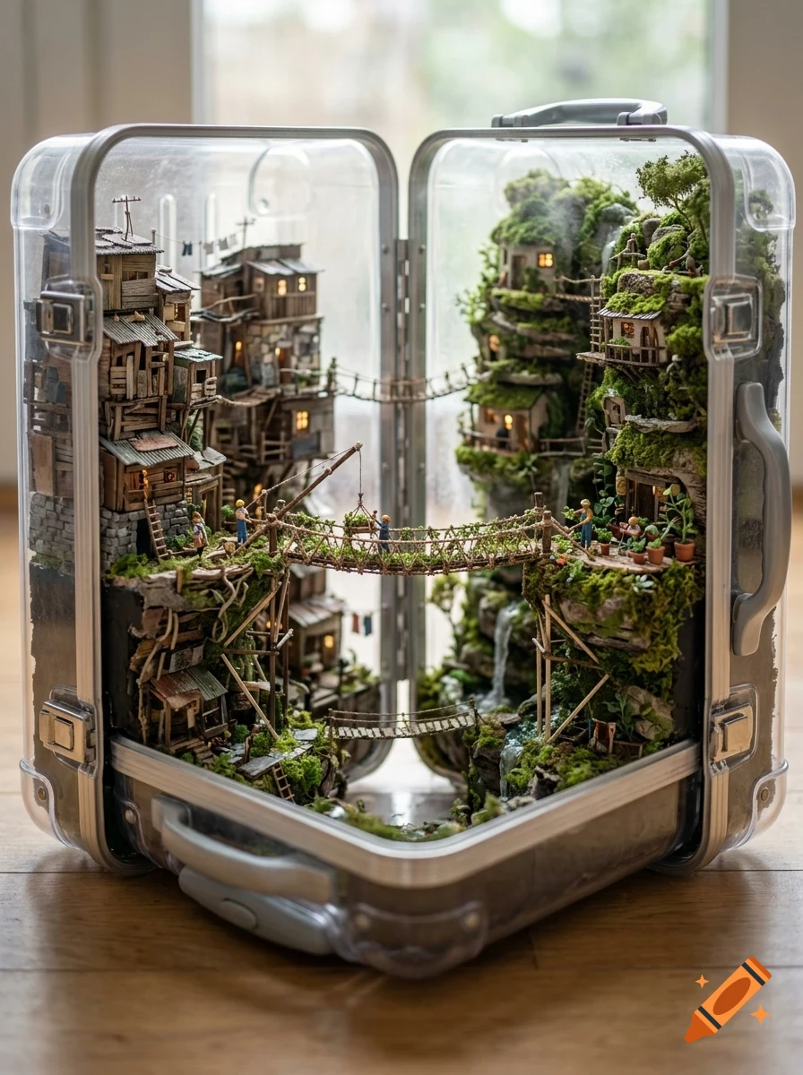 A detailed miniature world built inside an open transparent suitcase, featuring a small wooden town on one side and a lush green mountainous landscape with tiny houses on the other, connected by rope bridges.