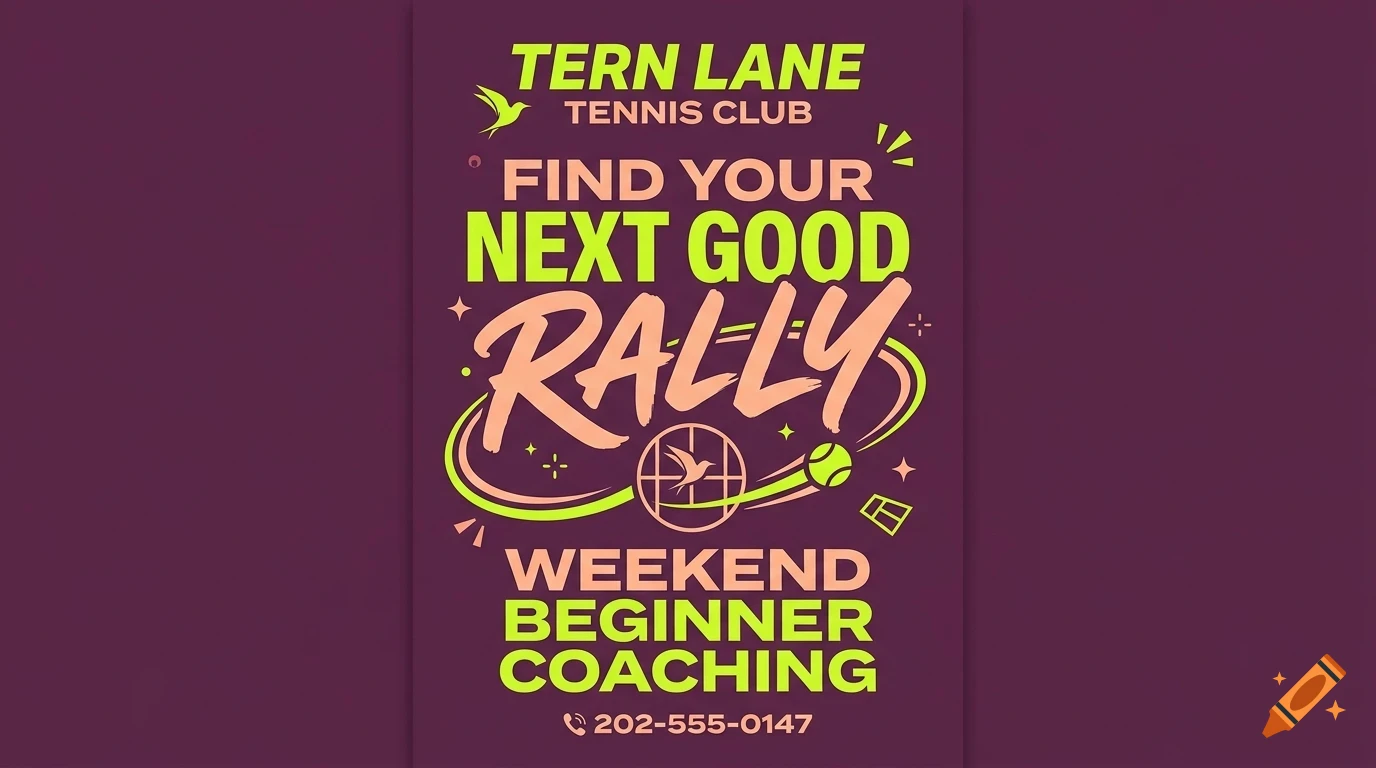 A poster for Tern Lane Tennis Club with text reading Find your next good rally, weekend beginner coaching, and a phone number.
