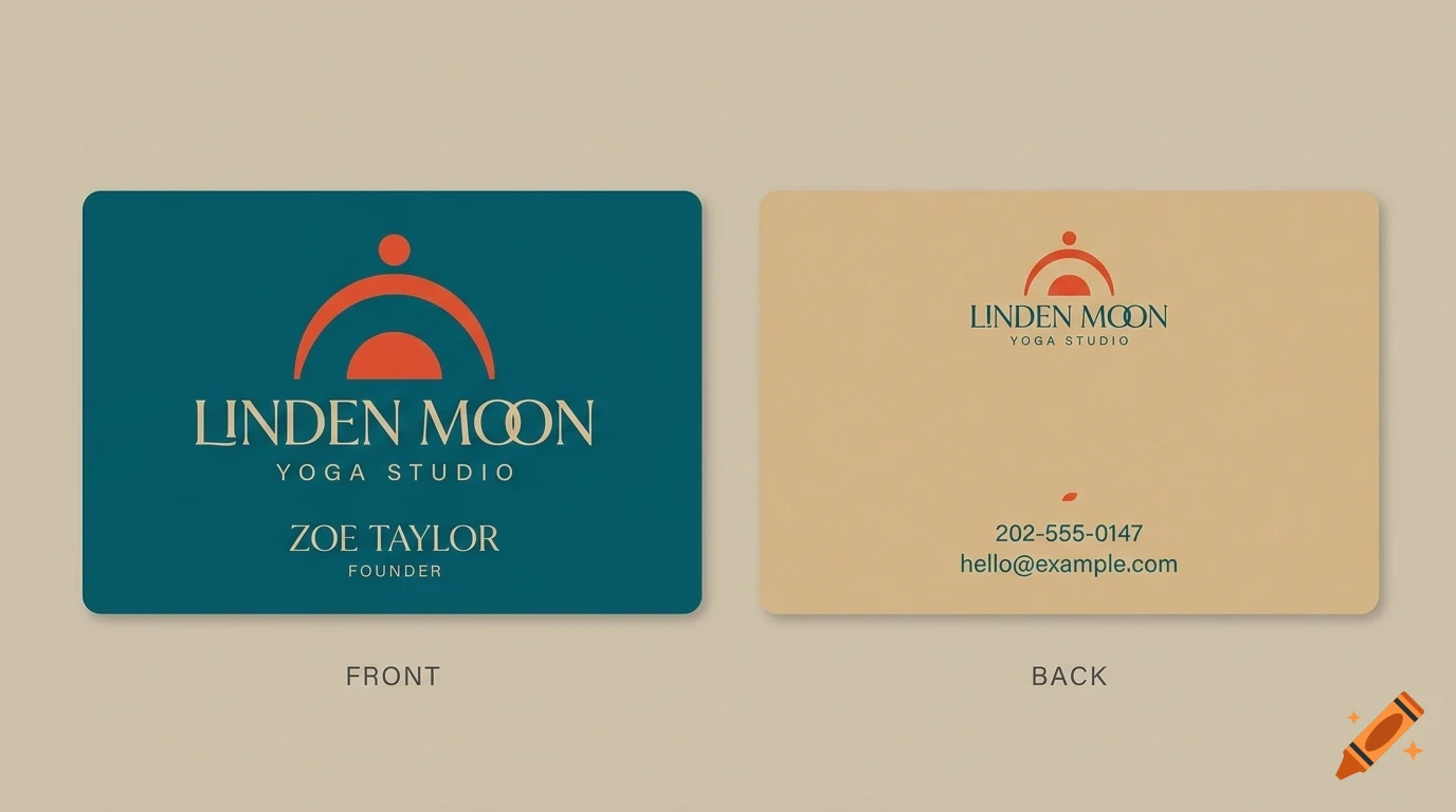 Mockup of a business card featuring front and back designs with teal and beige color schemes, minimalist logo, and typography for Linden Moon Yoga Studio.