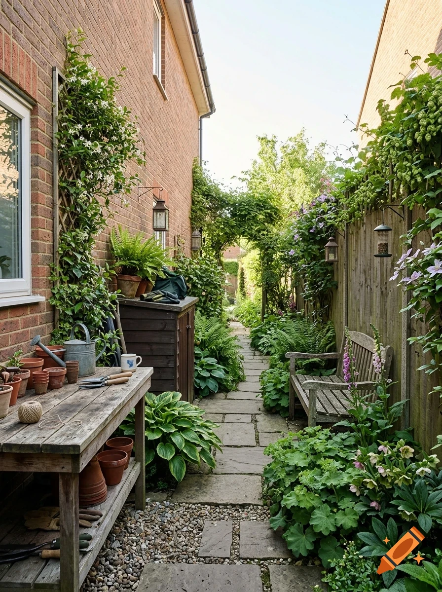 A narrow garden path between a brick house wall and a wooden fence, lined with lush greenery, potted plants, a wooden workbench, and a bench.