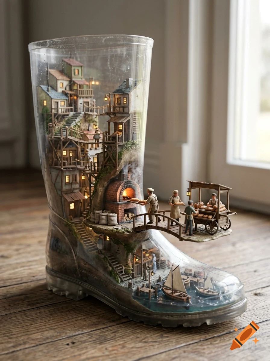 A miniature diorama built inside a clear rubber boot, featuring a tiny village, bakery, people, and a small harbor with boats.