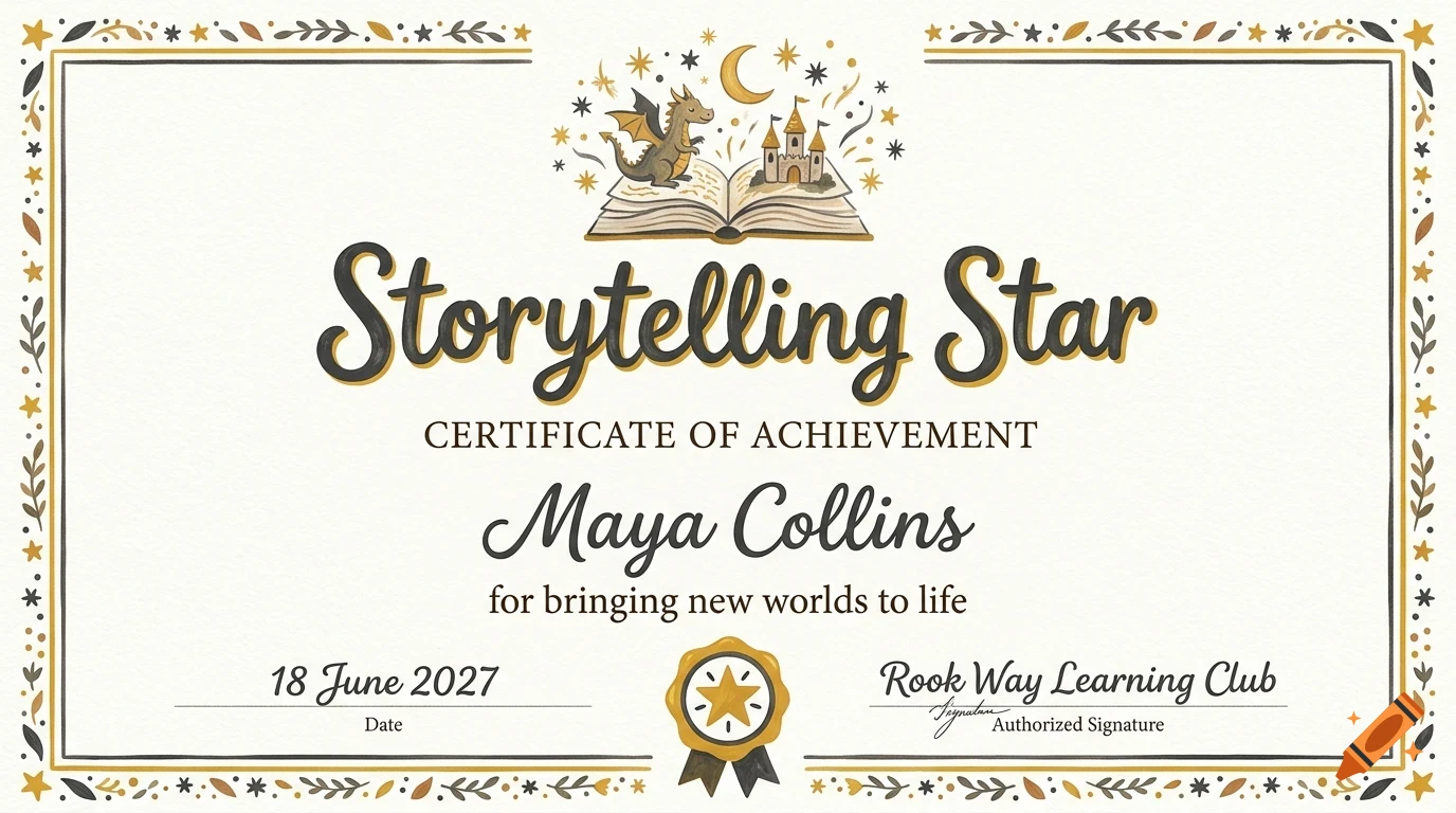 A certificate of achievement titled 'Storytelling Star' featuring an open book with a dragon and castle, decorated with borders and stars.