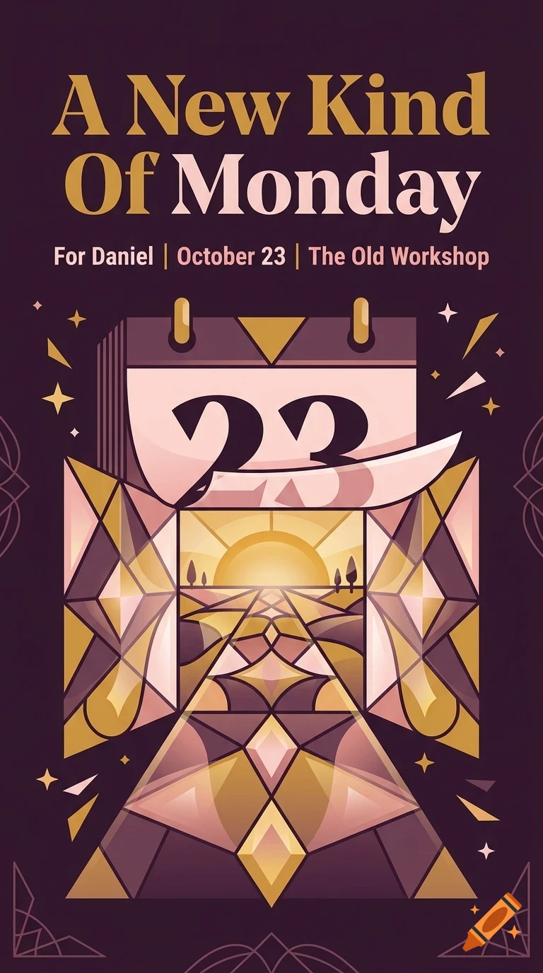 An artistic poster showing a calendar page displaying the number 23, opening up to reveal a stylized sunrise landscape, with text reading A New Kind Of Monday.