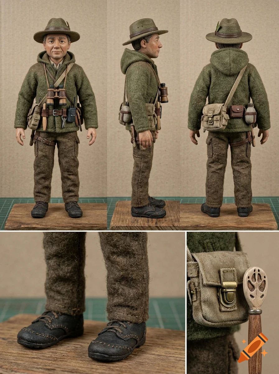 An action figure of an explorer in olive green clothing, shown from multiple angles with close-ups of boots and equipment.