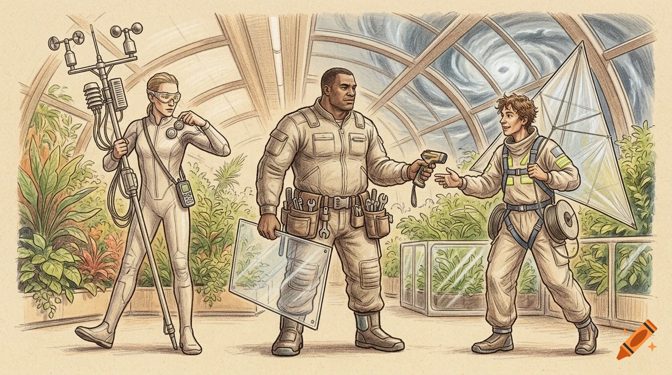 An ink and pencil illustration of three scientists in a large greenhouse, one holding a weather station, another holding a scanner and glass panel, and a third holding a kite with a swirling storm visible through the glass roof.