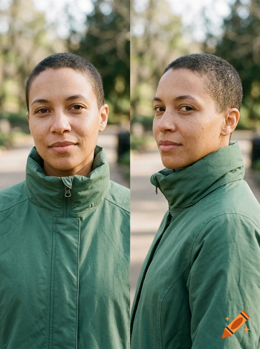 A portrait of a person with short hair wearing a green jacket, shown from the front and profile.
