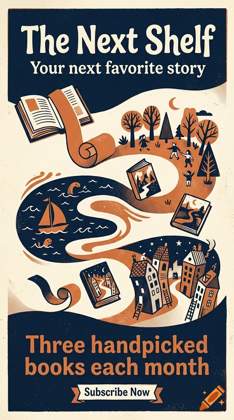 An illustrated poster featuring a winding path connecting open books, a forest, a sea with a sailboat, and a town, with the text 'The Next Shelf' and 'Three handpicked books each month'.