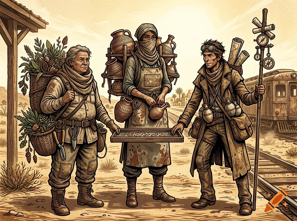 Three travelers holding a tray together next to a train and railway track in a desert landscape.