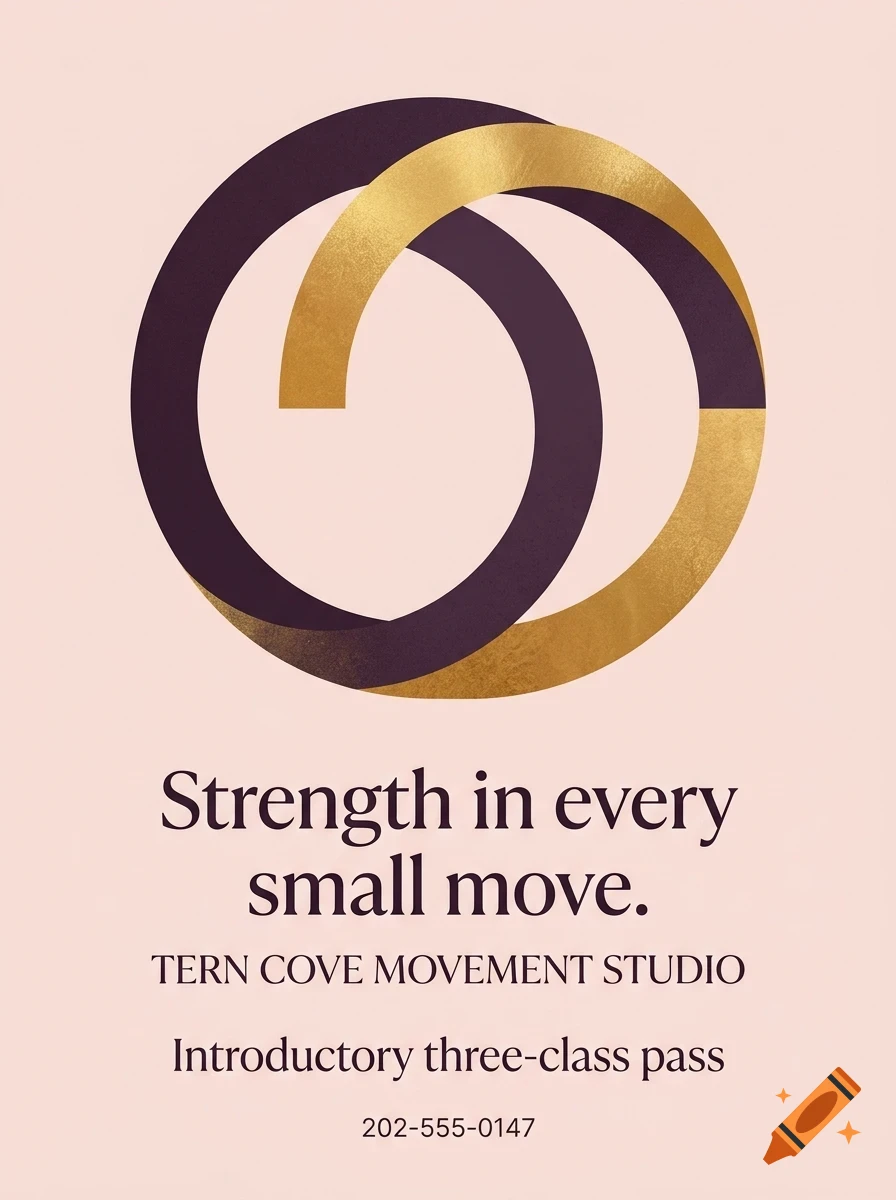 An abstract logo of interlocking dark purple and gold crescent shapes above text reading Strength in every small move.