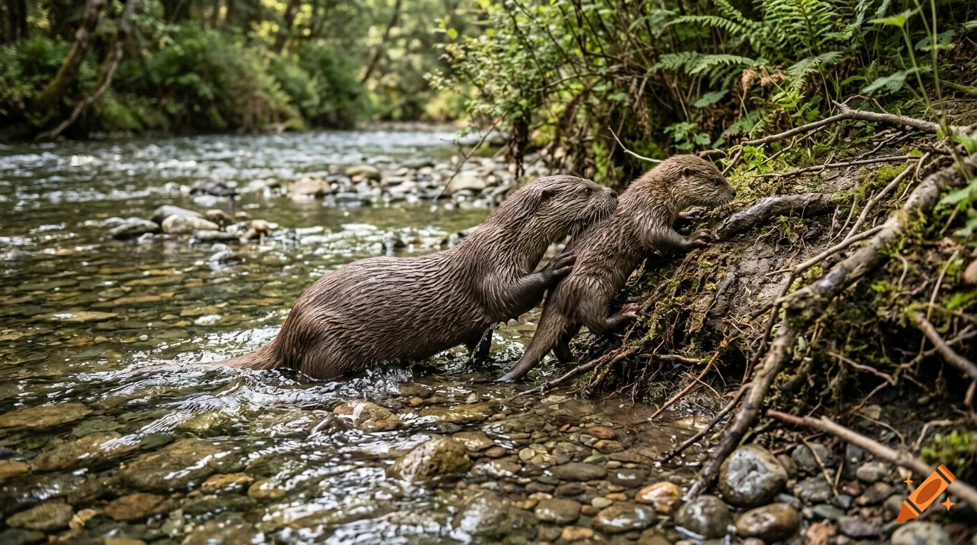 Two otters on a riverbank with shallow water and rocks, surrounded by green foliage.