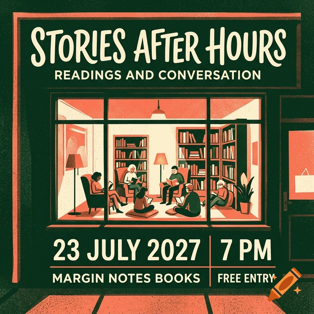 An illustration of a bookstore interior with people reading and talking, featuring text 'STORIES AFTER HOURS'.