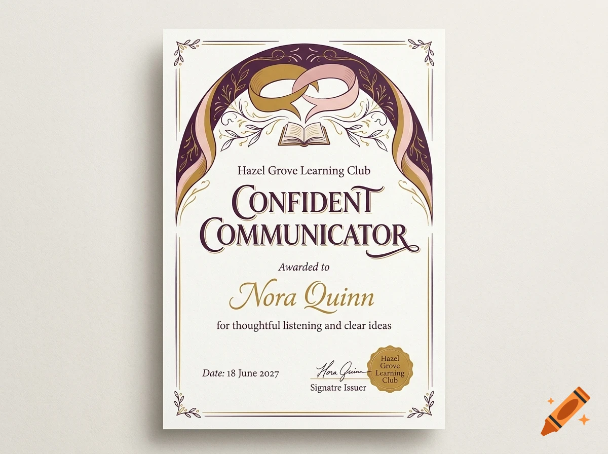 An ornate certificate titled Confident Communicator awarded to Nora Quinn, featuring an arch design, an open book illustration, and decorative typography.