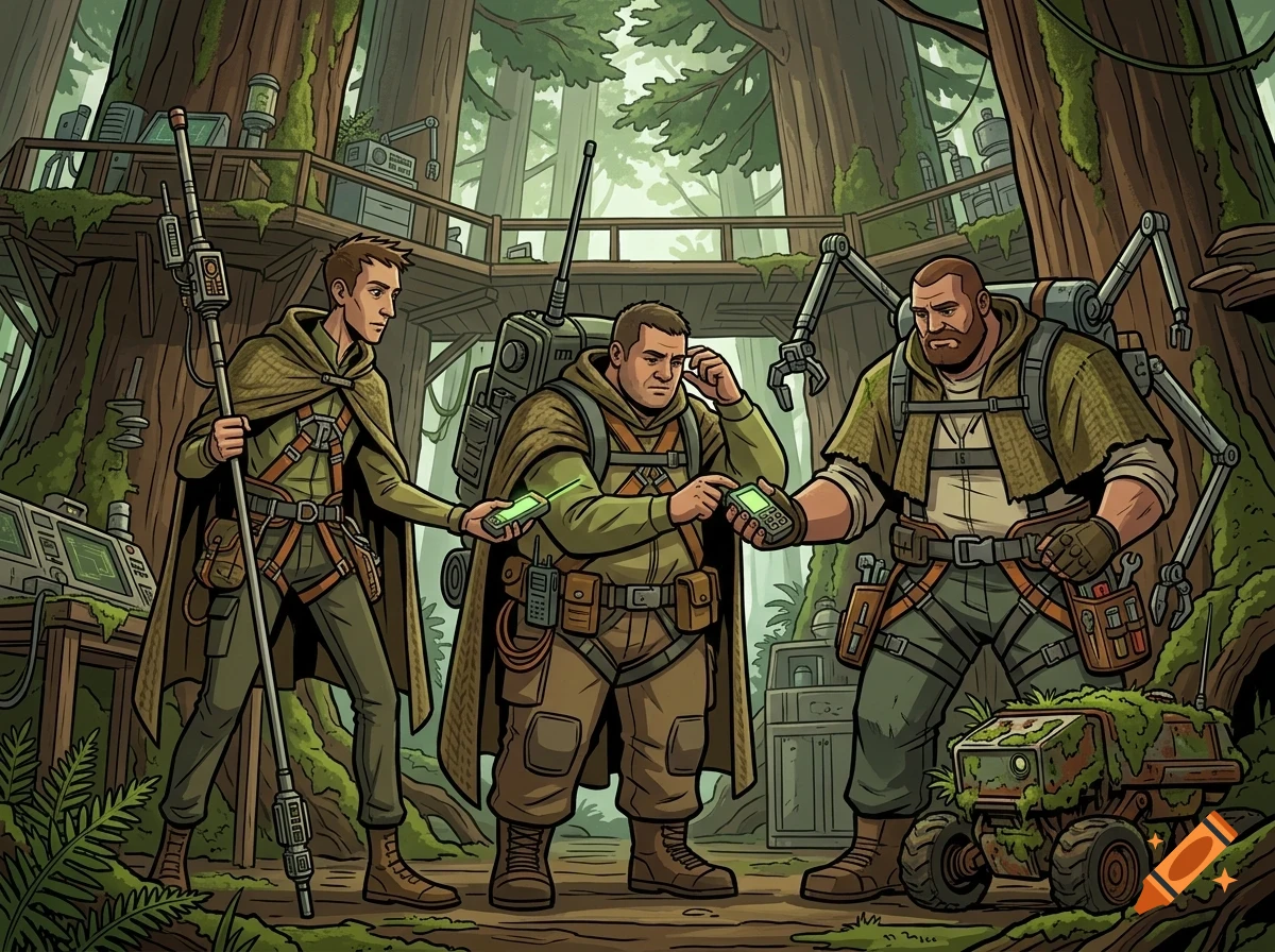 Three explorers with tech gear and a small robot rover in a lush forest with treehouse platforms.