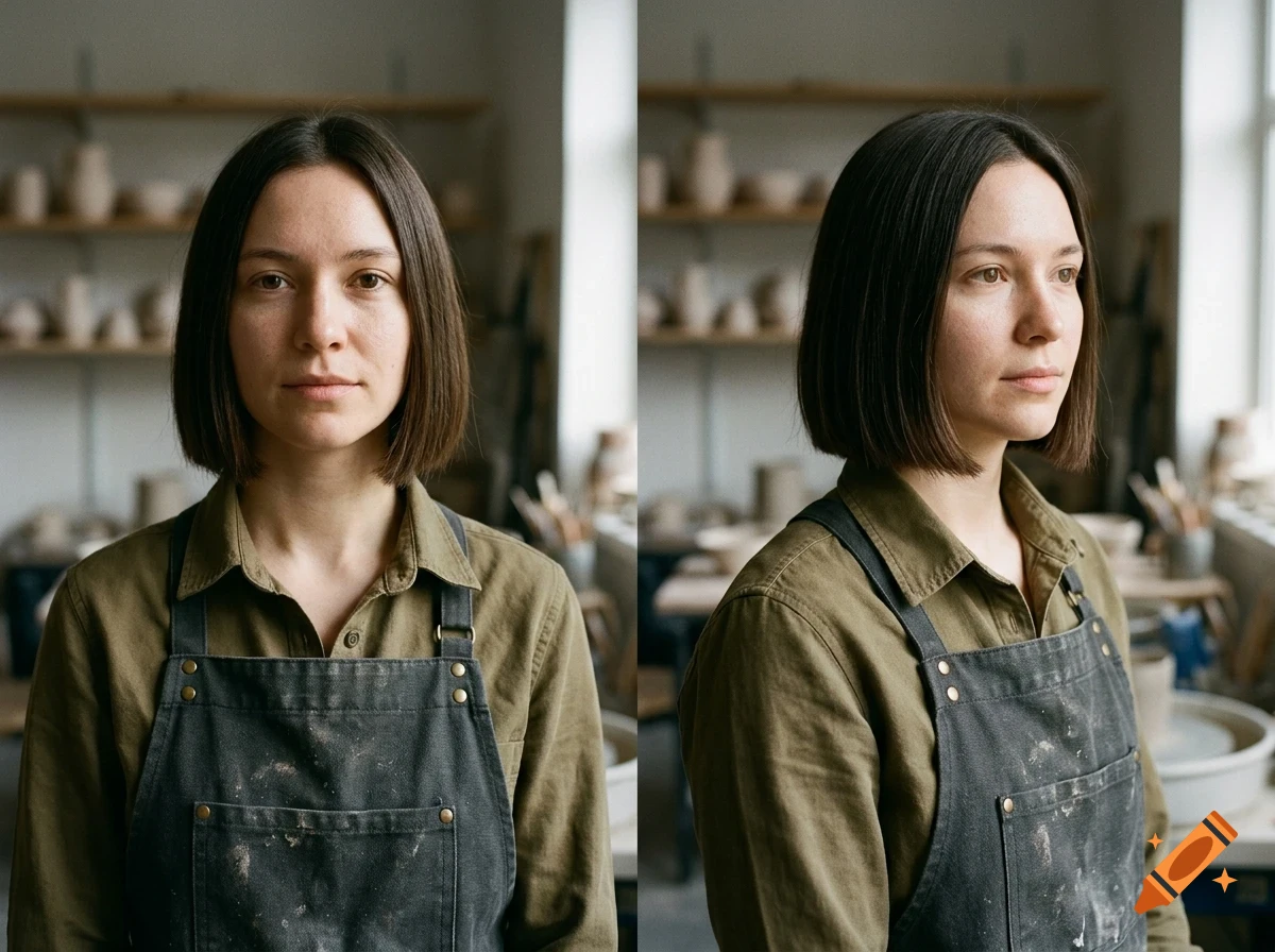 Two-panel portrait of a woman with dark bobbed hair wearing an olive shirt and clay-stained apron in a pottery studio.