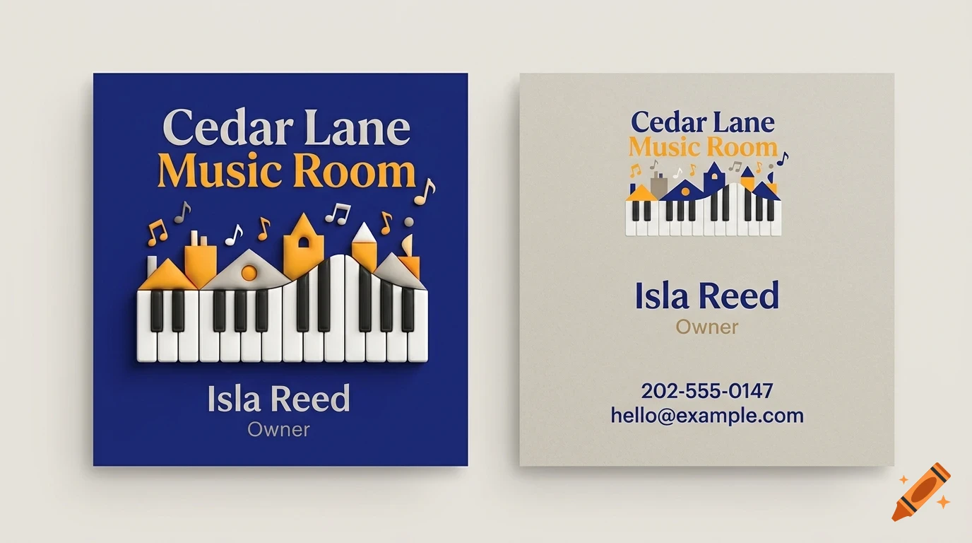 Two business card designs for Cedar Lane Music Room featuring piano keys and musical notes in 3D style.