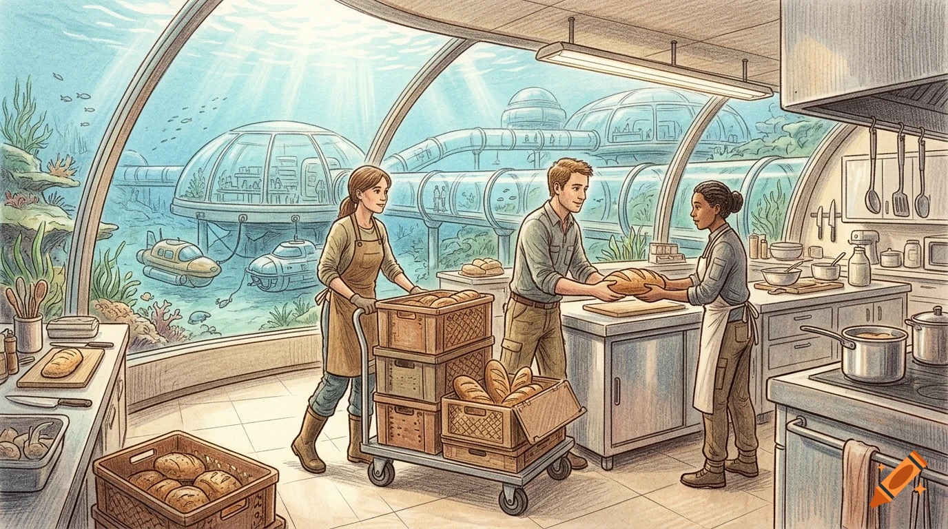 Three people work inside an underwater kitchen with large glass windows showing a submerged base, domes, and submersibles.