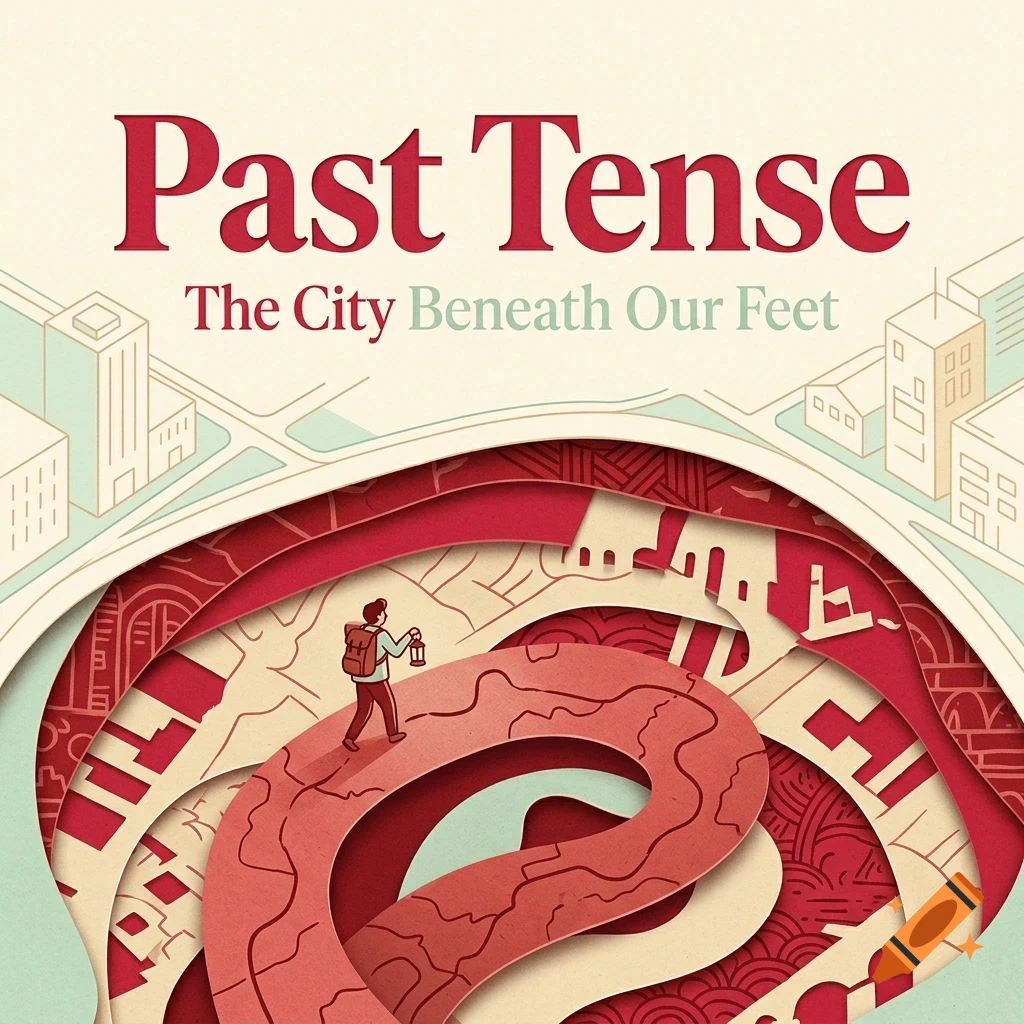 An illustration with the text Past Tense The City Beneath Our Feet showing a person walking with a lantern on a layered papercut style path beneath a city.