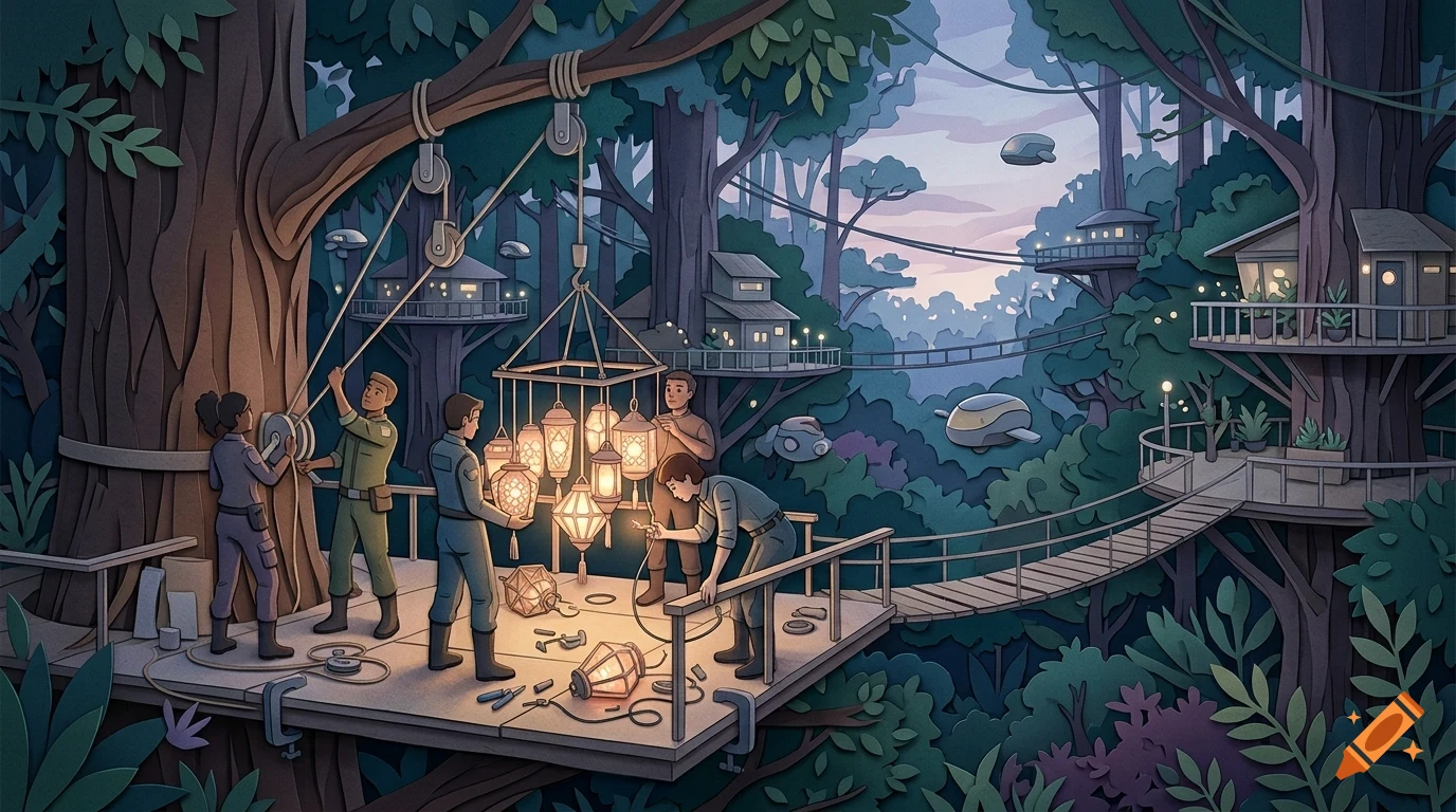 People working on a platform in a large forest, setting up illuminated lanterns connected to a pulley system, with treehouses and suspension bridges in the background.