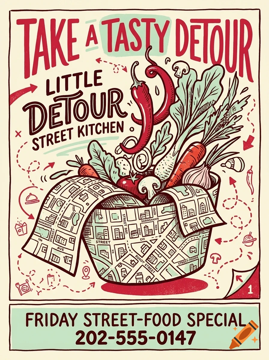 An illustrated street-food poster featuring a container made from a map, filled with vegetables, and text reading 'Take a tasty detour, Little Detour Street Kitchen'.