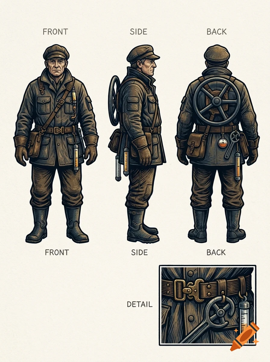 Character design sheet showing front, side, and back views of a man in a vintage uniform with gear, plus a detail view.