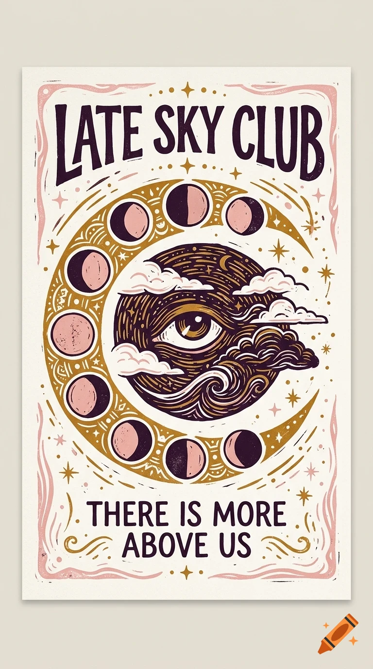 An illustrated poster featuring moon phases, an eye, clouds, stars, and the text LATE SKY CLUB and THERE IS MORE ABOVE US.
