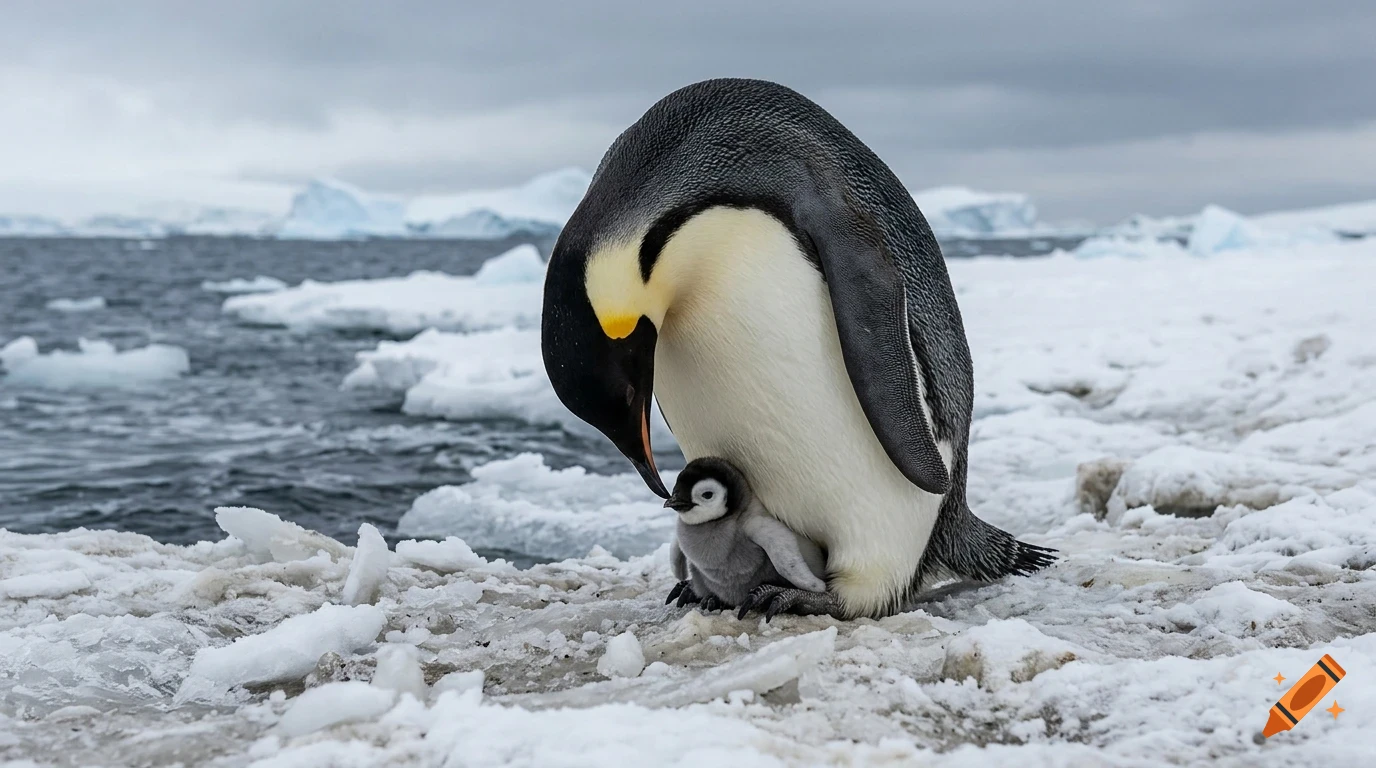 An adult Emperor penguin stands over its chick on an icy shore with icebergs and water in the background.
