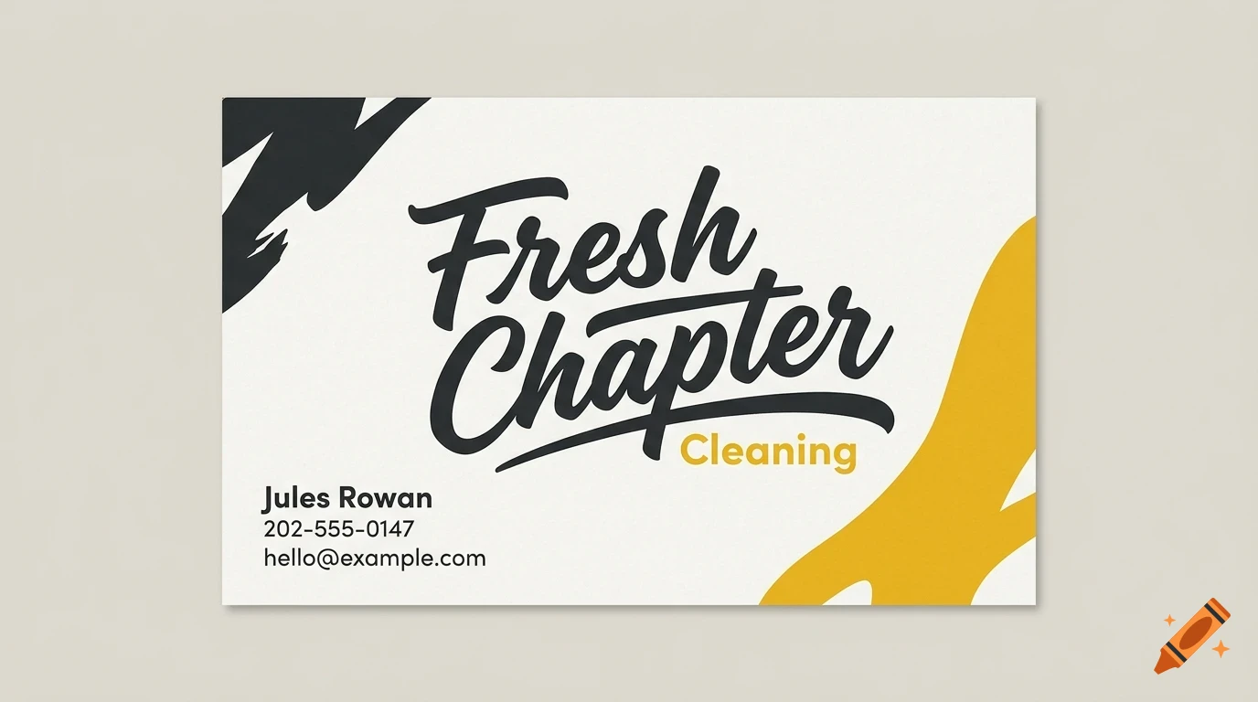 A business card with lettering reading Fresh Chapter Cleaning, Jules Rowan, phone and email.