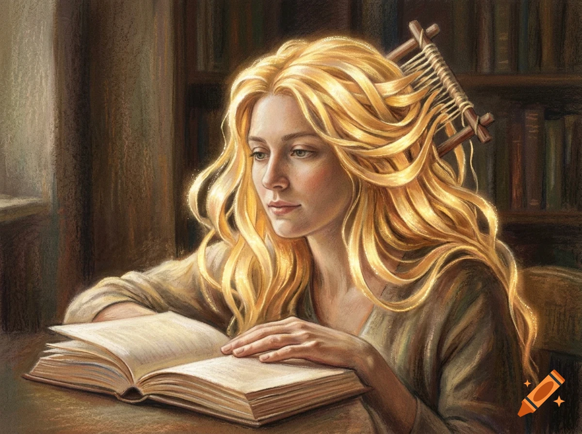 A soft-focus illustration of a blond woman reading a book with a small wooden comb woven into her hair.