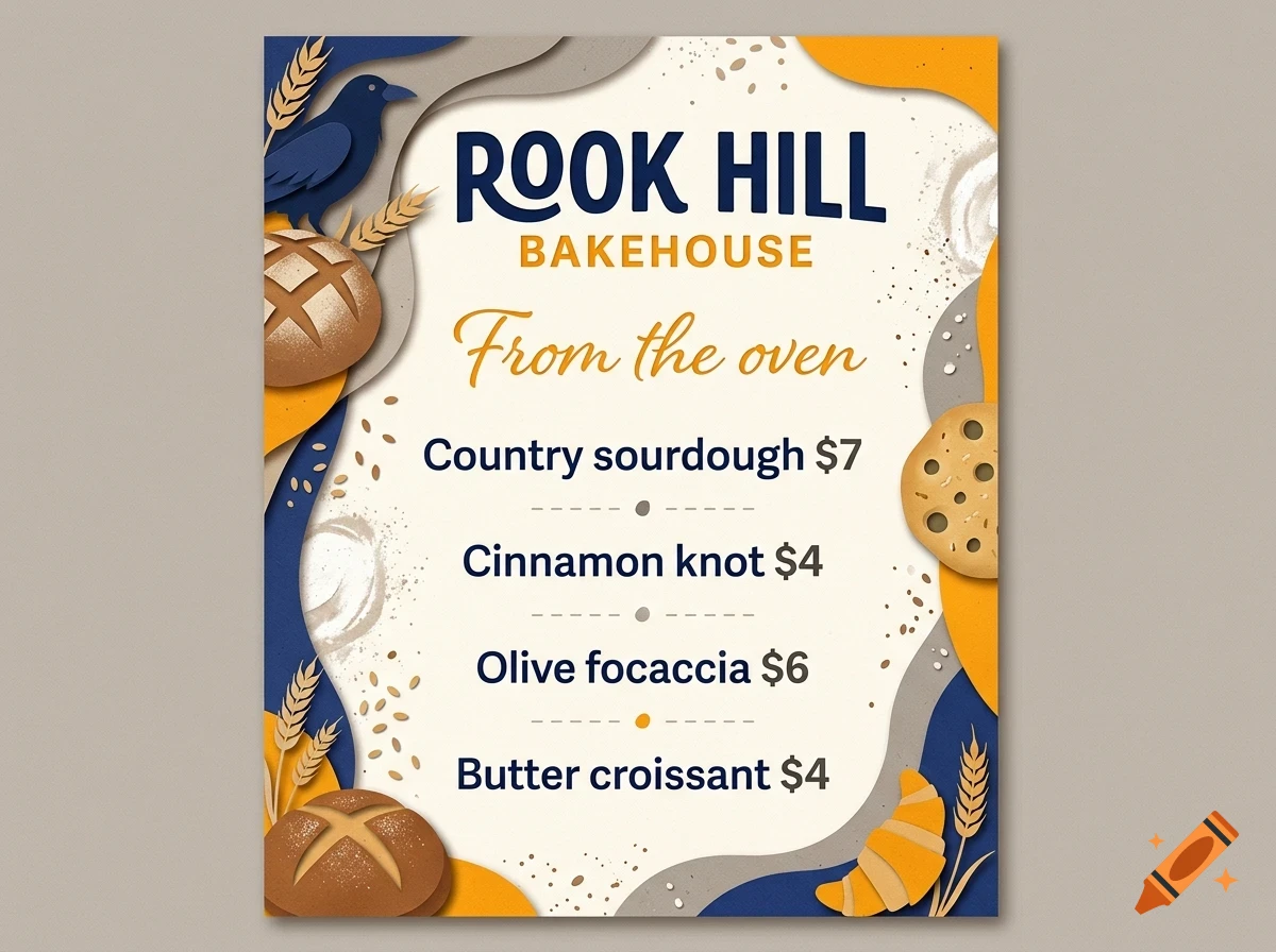 A menu poster for Rook Hill Bakehouse featuring illustrations of bread, a bird, and baked goods.