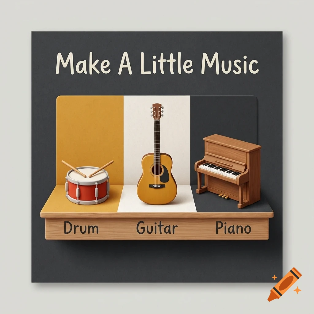 A 3D design showing a drum, guitar, and piano on a wooden shelf with text reading Make A Little Music.