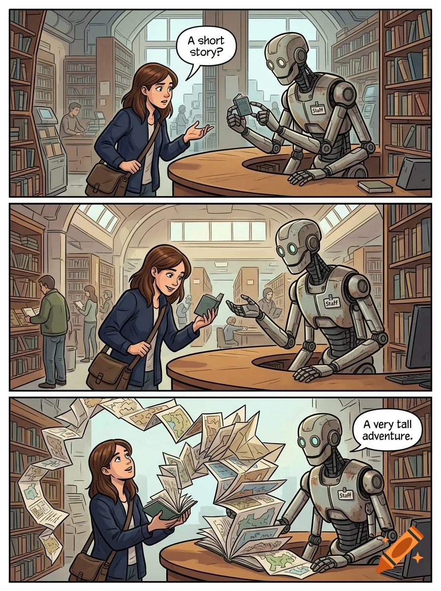 A three-panel comic strip showing a woman interacting with a robot staff member in a library, opening a small book that unfolds into a very long accordion map.