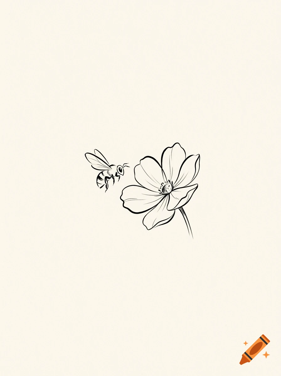 A minimal black line drawing of a bee approaching a single flower on a plain beige background.