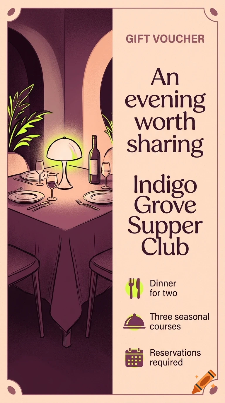 An illustrated gift voucher for Indigo Grove Supper Club, featuring a set table with wine and a lamp on the left and text on the right.