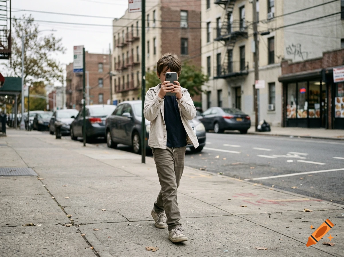 Photorealistic image of a young child walking down a city sidewalk, holding a smartphone in front of their face.