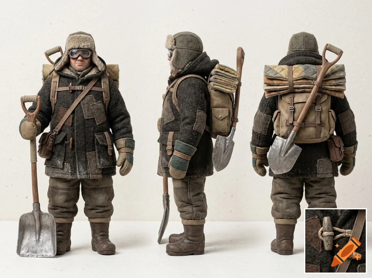 Character design sheet showing a figurine of a figure in winter gear with a shovel and backpack from front, side, and back views.
