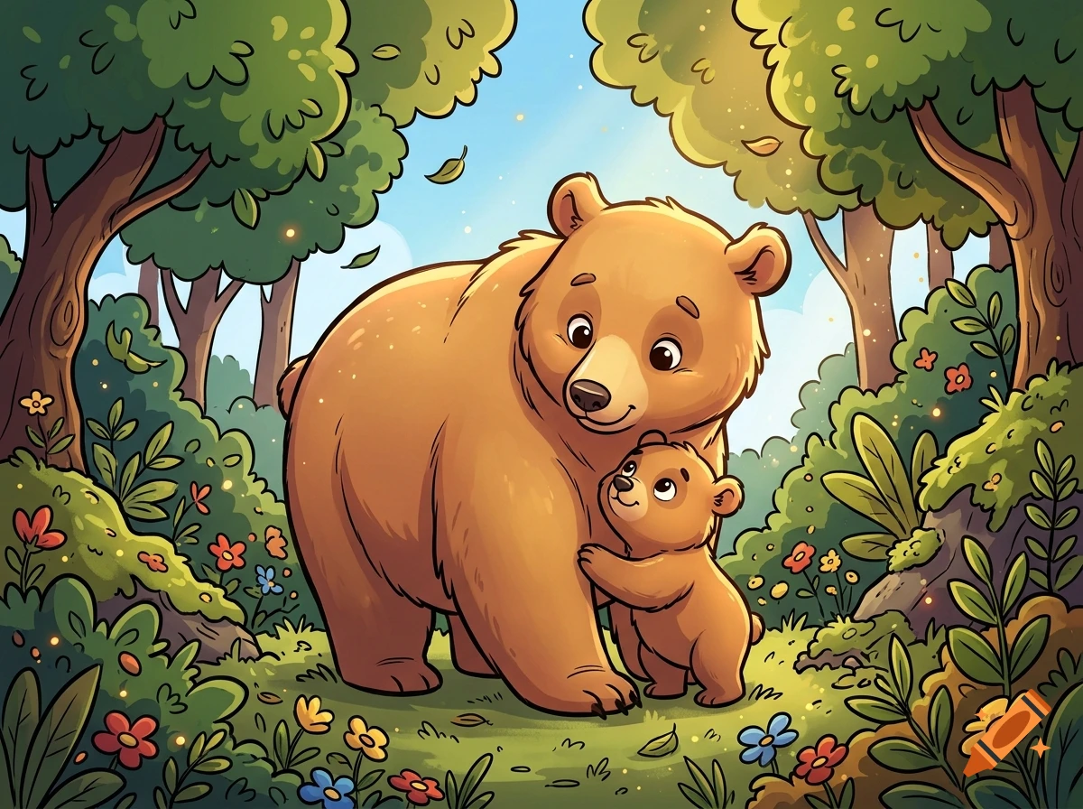 Comic style illustration of a mother bear and a baby bear hugging in a lush green forest.