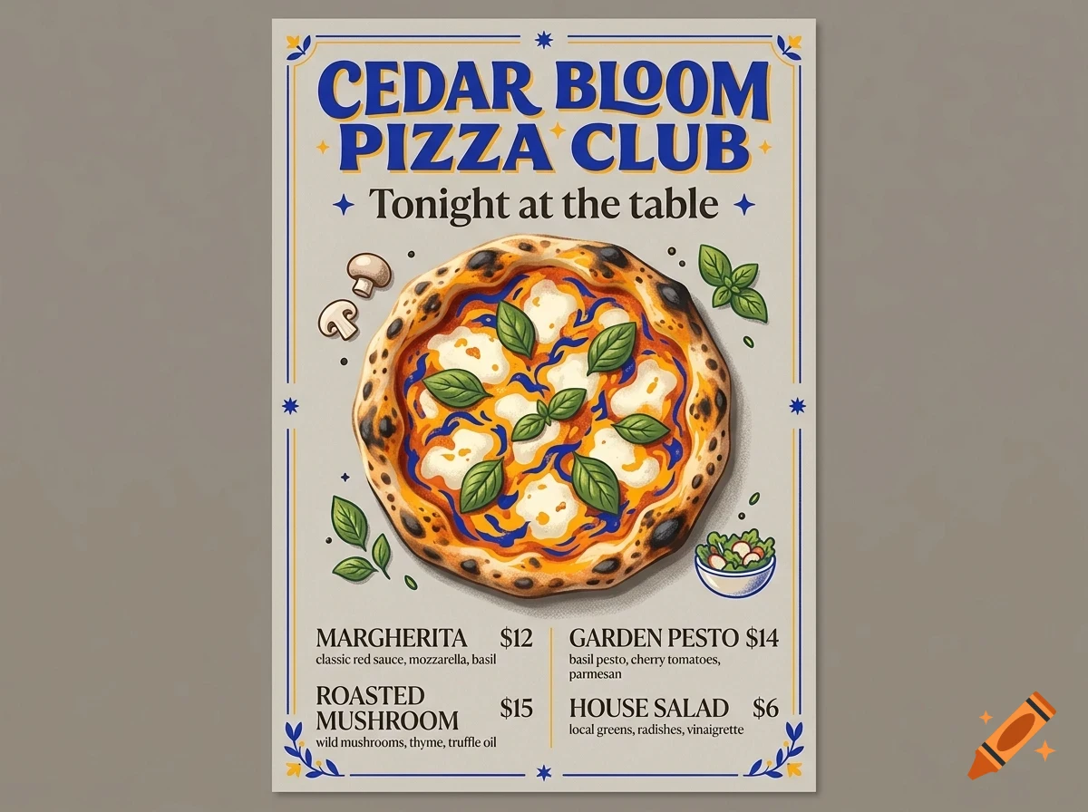 An illustrated poster for Cedar Bloom Pizza Club featuring a pizza, mushrooms, basil, and a menu list.