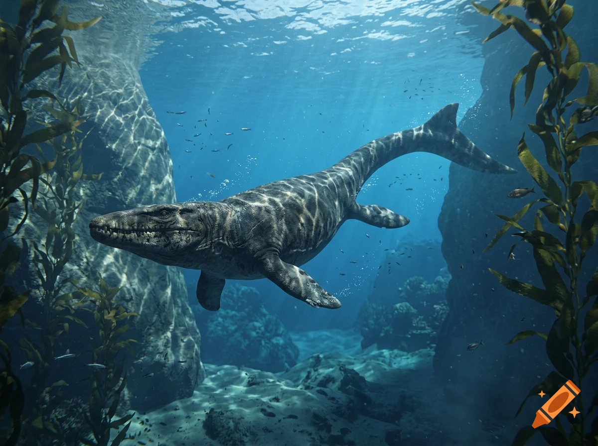 Photorealistic underwater scene showing a plesiosaur swimming between rocky formations surrounded by kelp and fish.