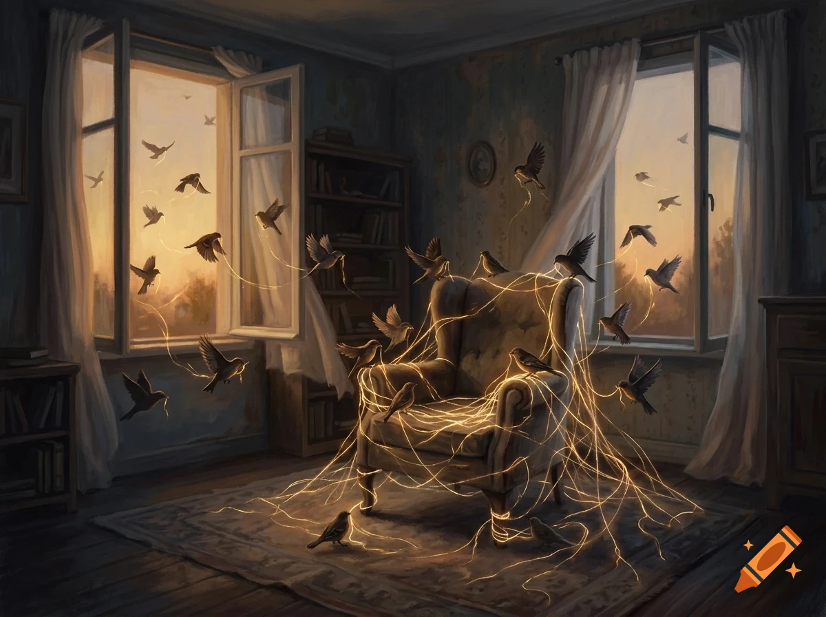 A dark living room with an armchair draped in glowing threads held by numerous birds flying in from open windows at sunset.