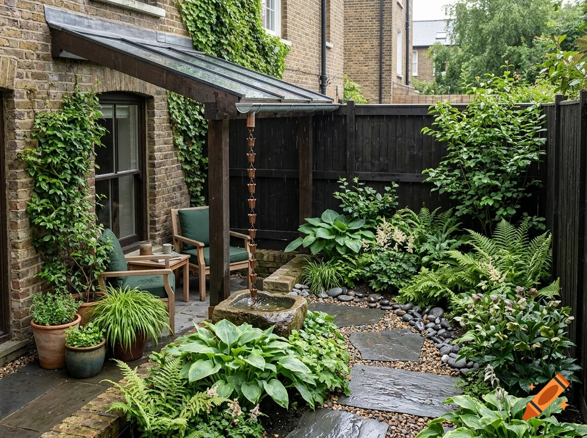 A lush brick courtyard garden featuring a glass canopy, a rain chain dropping into a stone basin, seating, and diverse green plants.