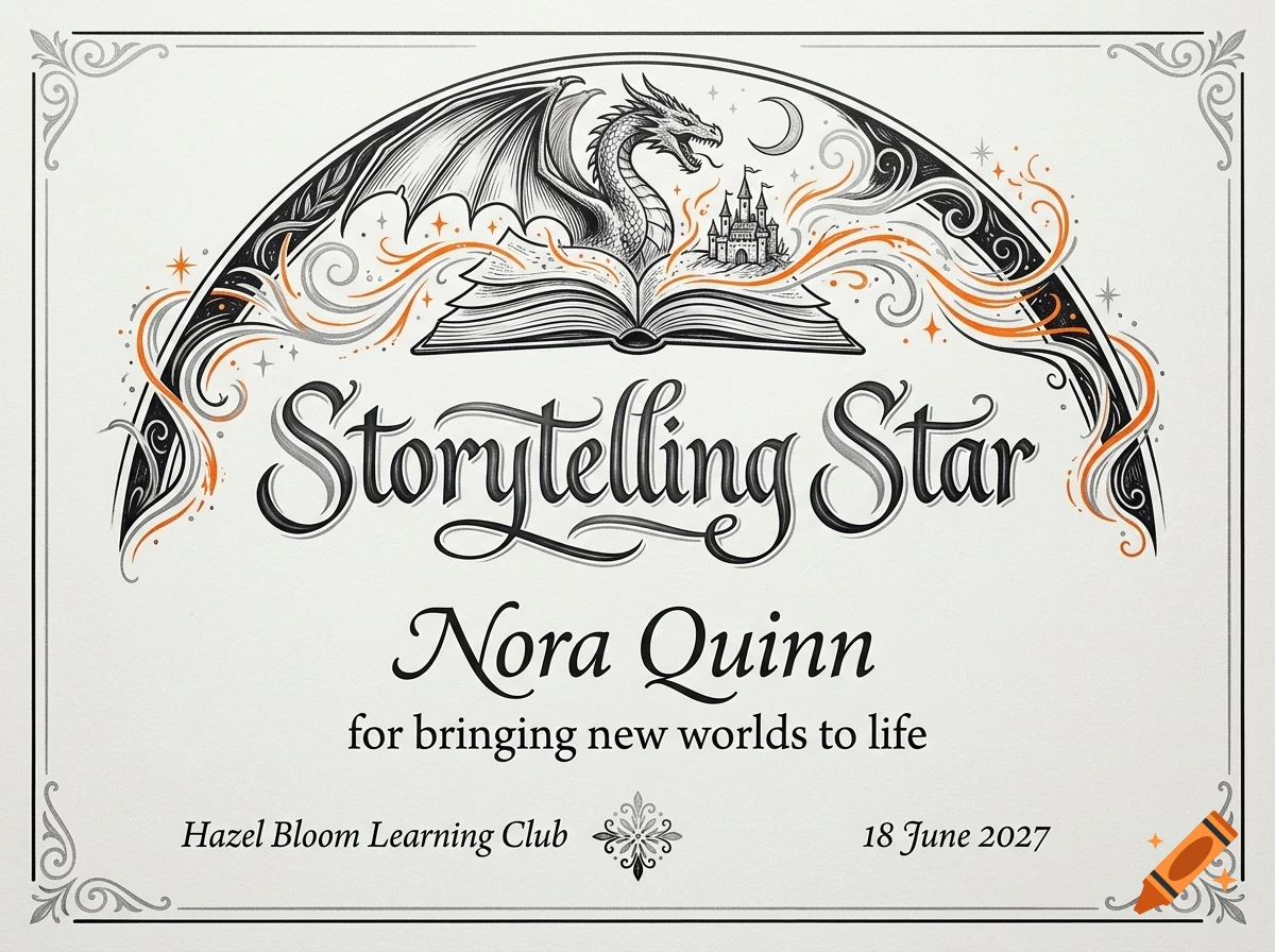 A certificate design with a dragon, castle, and open book illustration, featuring the text Storytelling Star and Nora Quinn.