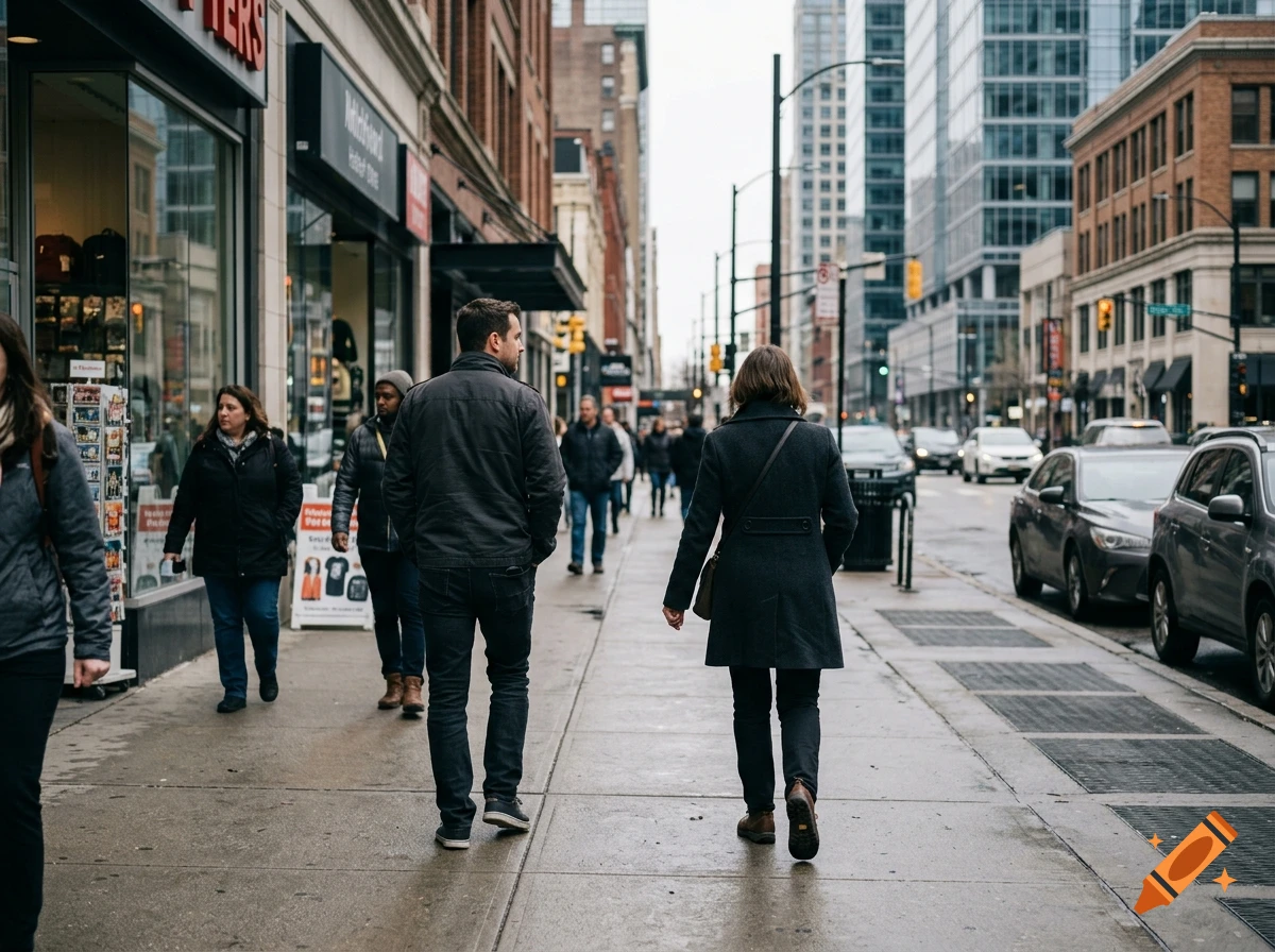 Photorealistic street scene of people walking on a city sidewalk past storefronts and parked cars.