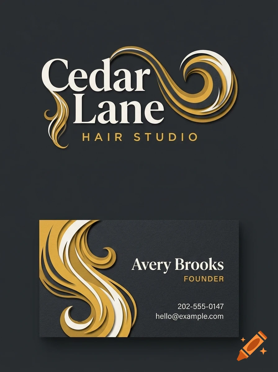 A business card and logo design for Cedar Lane Hair Studio featuring stylized gold and white hair swirls and elegant typography.