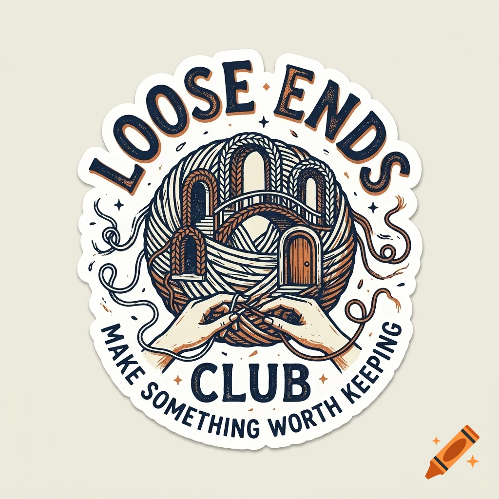 An illustrated sticker with a ball of yarn containing tiny doors and windows, held by hands, surrounded by the text Loose Ends Club and Make something worth keeping.