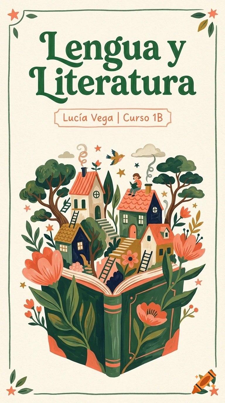 An illustration of an open book with houses, trees, and flowers growing out of the pages, topped with lettering that reads Lengua y Literatura.