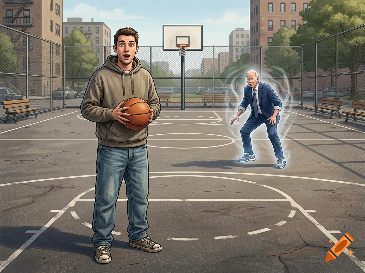 Editorial illustration of a young man holding a basketball on a court, imagining a glowing president playing against him.