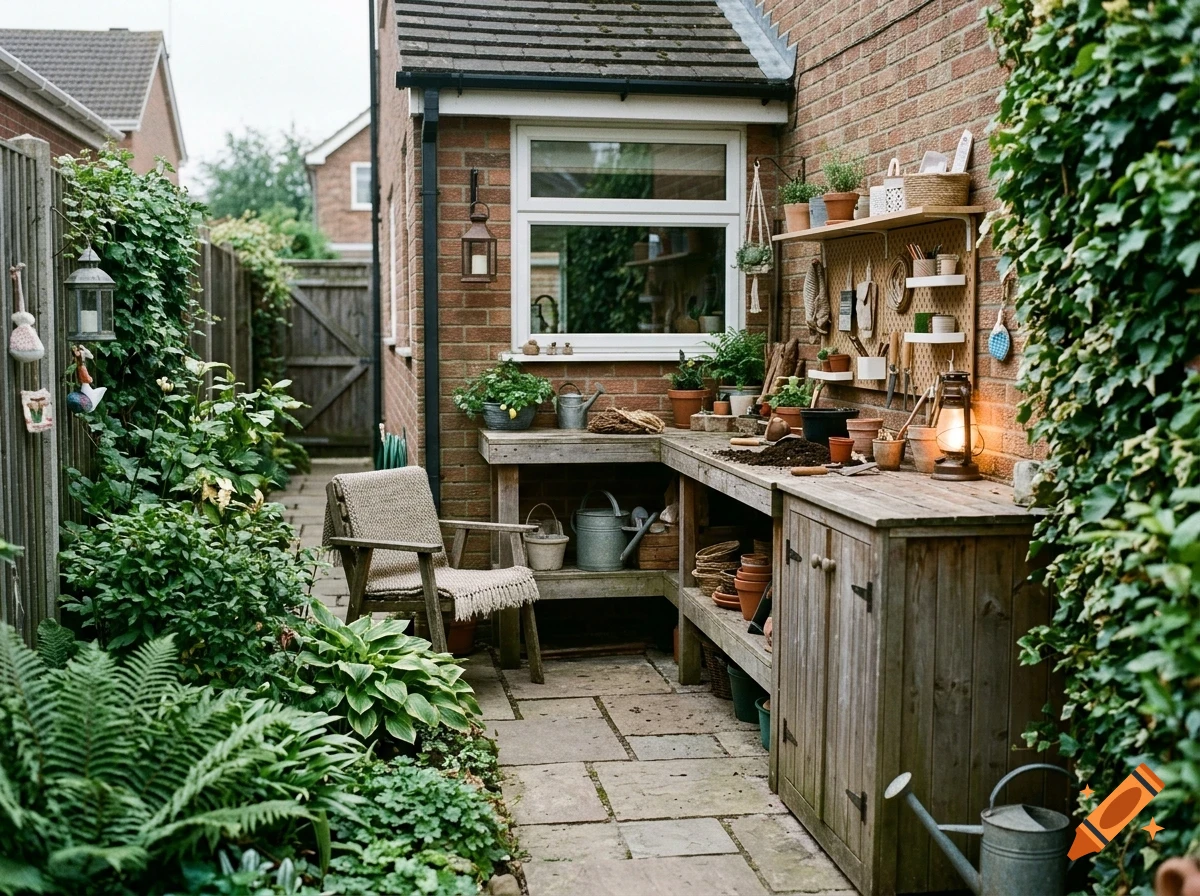 A rustic garden workbench and potting area alongside a brick house exterior, surrounded by lush plants, ferns, and gardening tools.