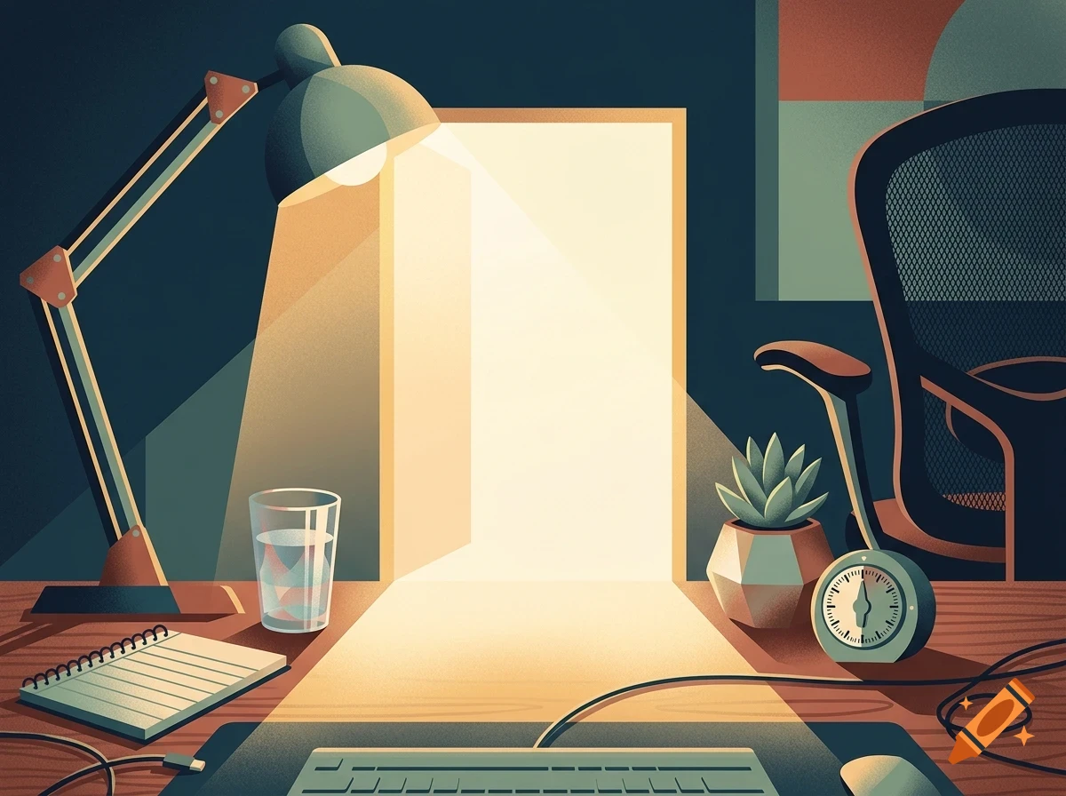 An illustrated workspace with a desk lamp, a keyboard, a notepad, a glass of water, a small potted plant, a clock, and an office chair.