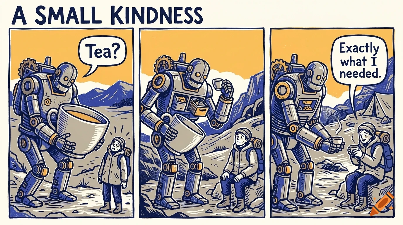 A three-panel comic strip titled A Small Kindness showing a large robot offering tea to a hiker.